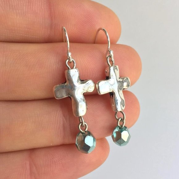 Silver natural Cross Turquoise bead Earrings - Picture 3 of 3